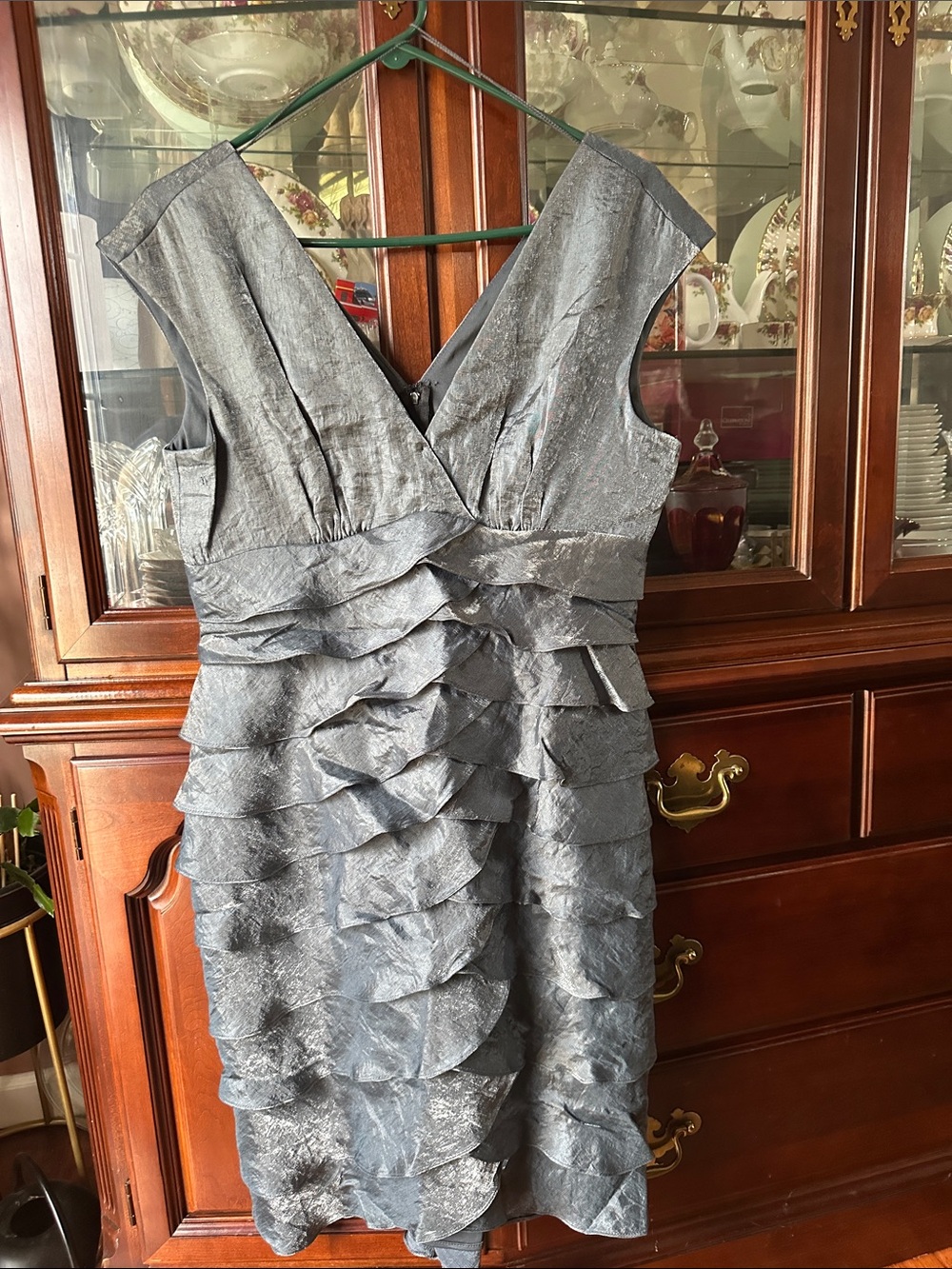 London Times Silver Tiered Ruffle Midi Dress